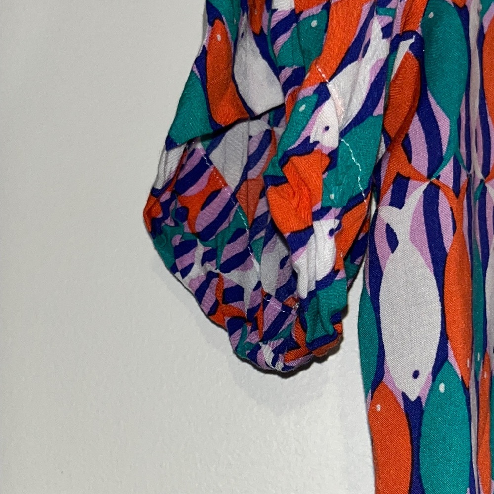 Maeve Printed Short-Sleeve Button Front Blouse in Teal, Orange & Purple - Picture 5 of 11